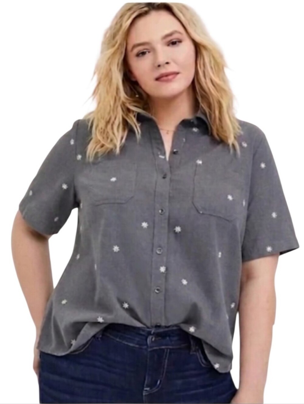 Torrid Short Sleeve Button Down Shirt w Embroidered Daisy Flowers Sz 3 (3X) Gray